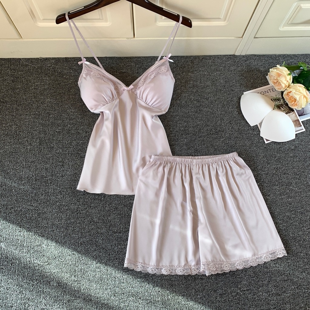 Bộ Đồ Ngủ Áo Hai Dây + Quần Short Chất Lụa Thời Trang Mùa Hè Quyến Rũ Cho Nữ