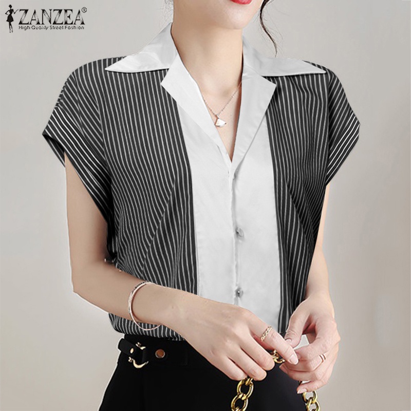ZANZEA Áo Sơ Mi Nữ Ngắn Tay Họa Tiết Sọc Thời Trang