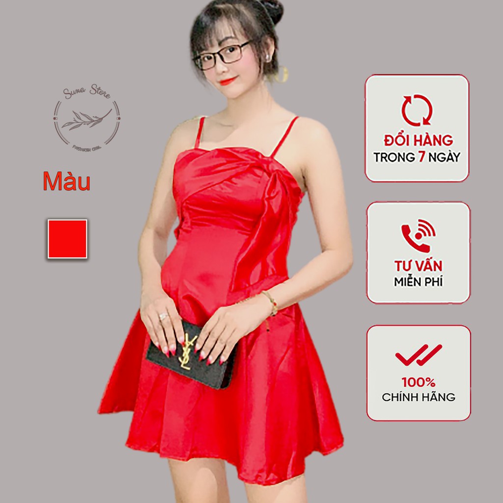 Đầm đỏ hai dây vintage chất phi bóng mịn ko xù, Đầm dự tiệc ( kèm ảnh thật)