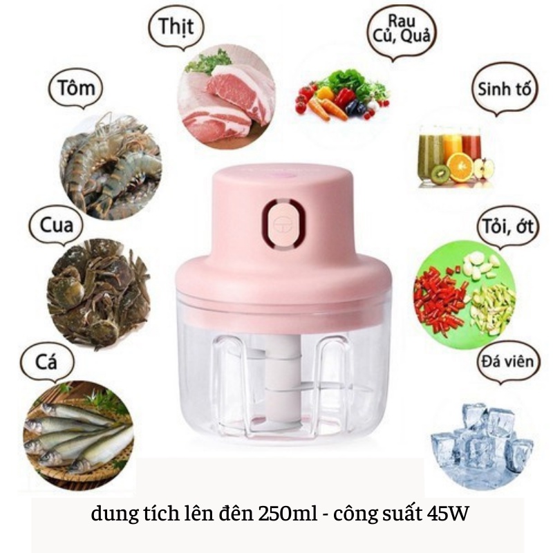 Máy xay tỏi ớt đa năng thể tích 250ml, máy xay mini cầm tay có cổng sạc USB tích điện