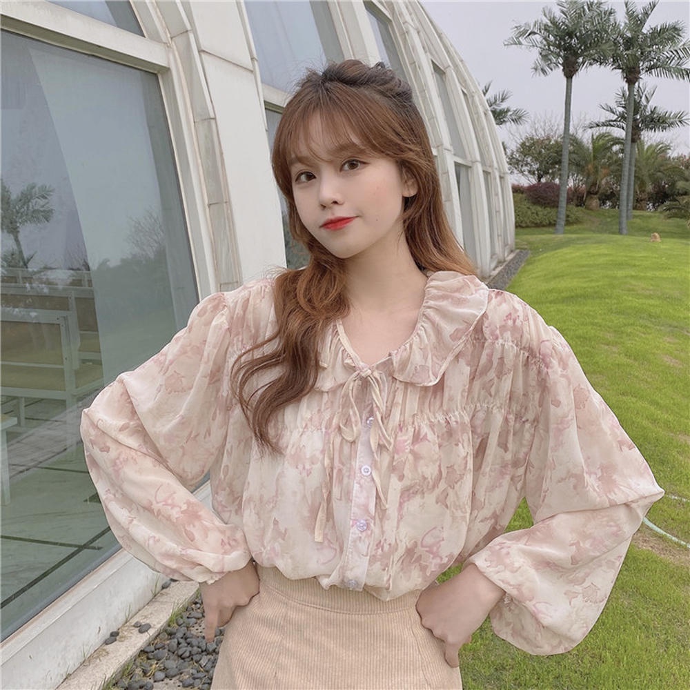 Áo Sơ Mi Tay Dài Cổ Buộc Dây Họa Tiết Hoa Ngọt Ngào Dành Cho Nữ 50180