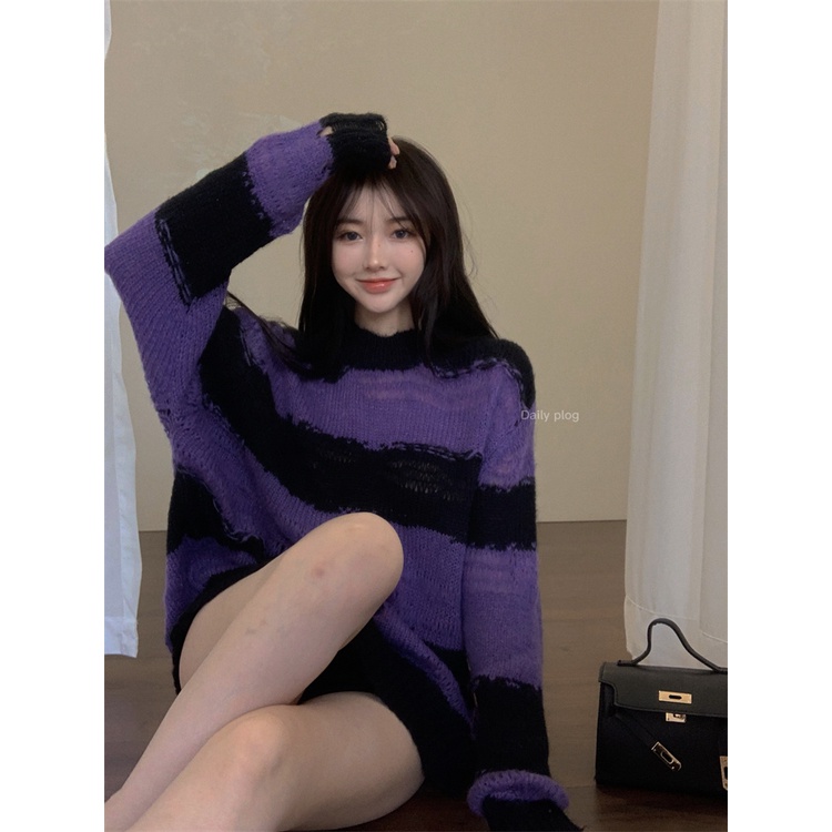 Áo Dệt Kim Mỏng Dáng Rộng Họa Tiết Kẻ Sọc Rỗng Thời Trang Hàn Quốc