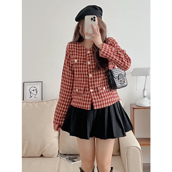 Áo dạ tweed kẻ Gingham Hàn Quốc cúc đồng Pea Store - Áo dạ dáng ngắn túi nắp Hàn Quốc (Ảnh thật)