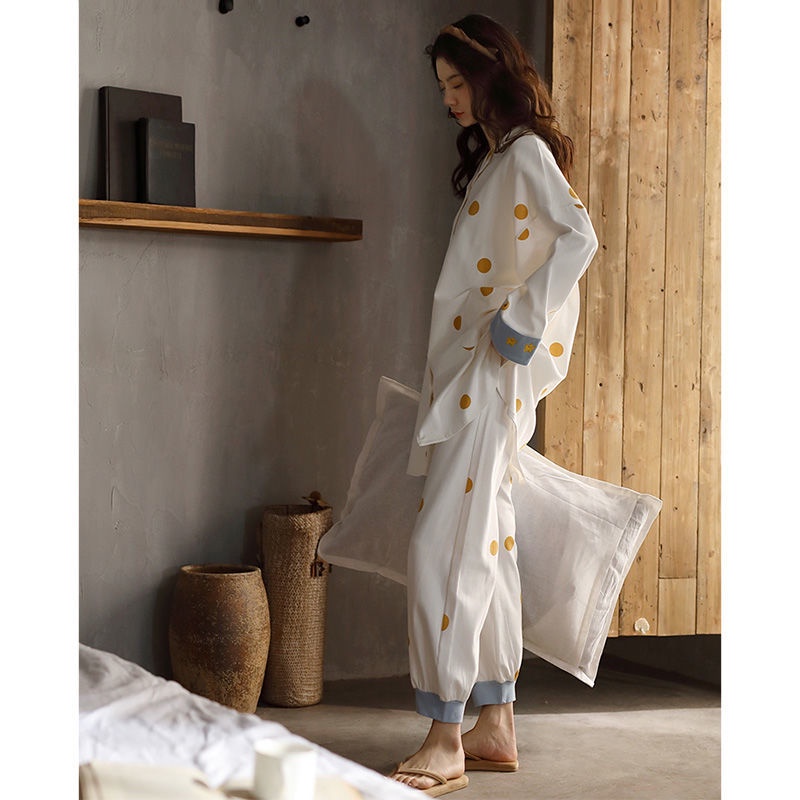 Bộ đồ ngủ cotton tay dài phong cách Hàn Quốc dành cho nữ