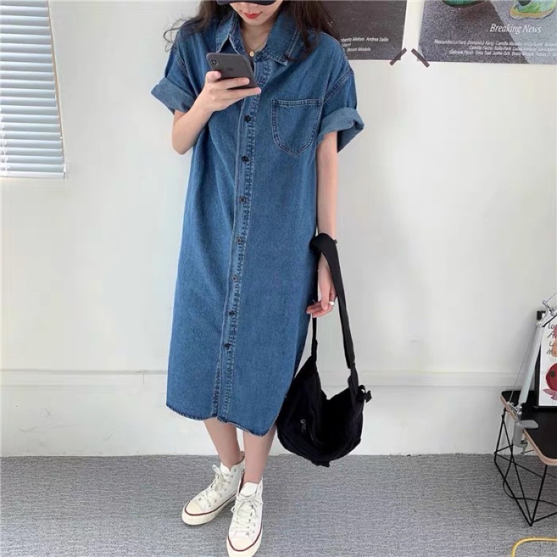 Đầm Denim Bò Ulzzang Style  Váy Jeans Form Rộng Phong Cách Hàn Quốc
