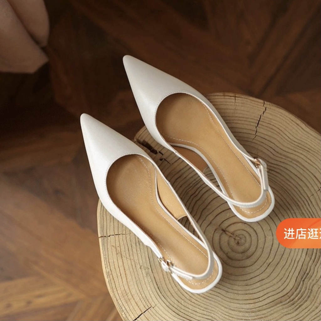 Giày gót vàng cao gót mũi nhọn hở gót thanh lịch