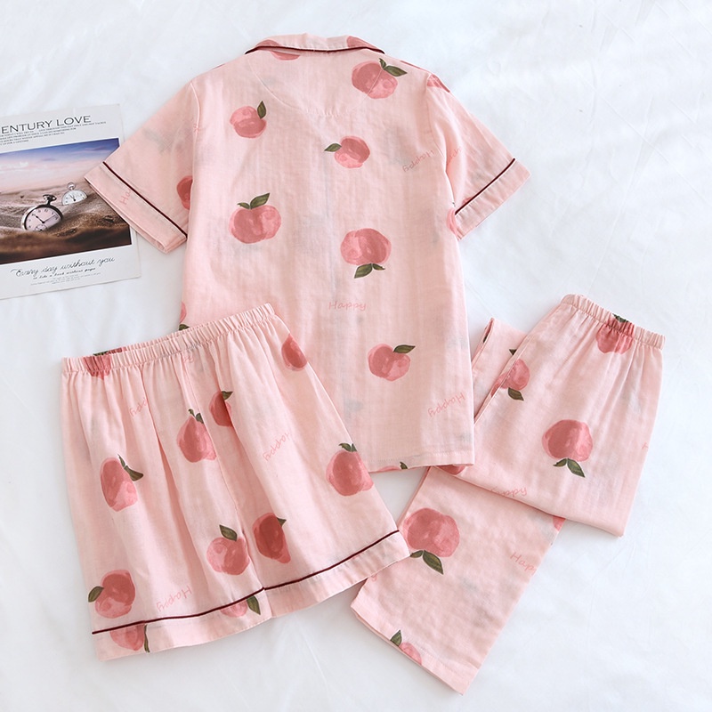 Bộ Đồ Ngủ Pijama 3 Món Bằng Cotton Nguyên Chất Hai Lớp In Họa Tiết Thời Trang Cho Nữ