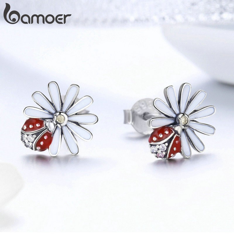 Bông Tai Bamoer SCE459 Bằng Bạc Hình Hoa Và Bọ Rùa Nhiều Màu Sắc Phong Cách Hàn Quốc