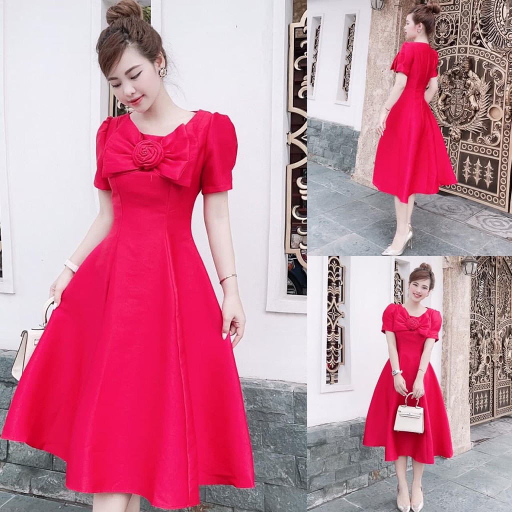 Đầm thiết kế dáng xòe tay bồng nhấn cuộn hoa ngực độc lạ V1874 Helina Fashion [ảnh thật]