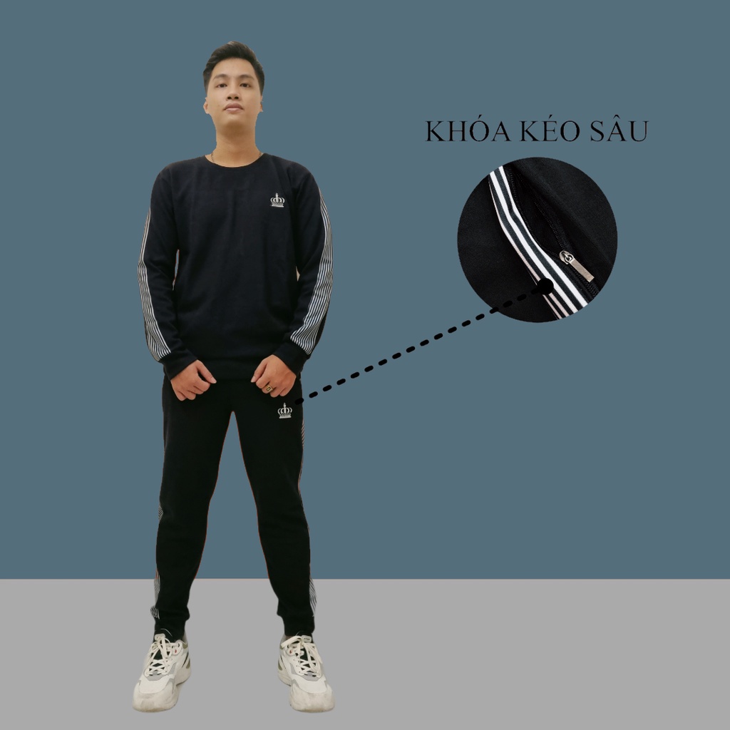 [Hot] Bộ Nỉ Nam Cổ Tròn Thêu Logo Vương Miện, Đồ Bộ Nam Thu Đông Cao Cấp M12