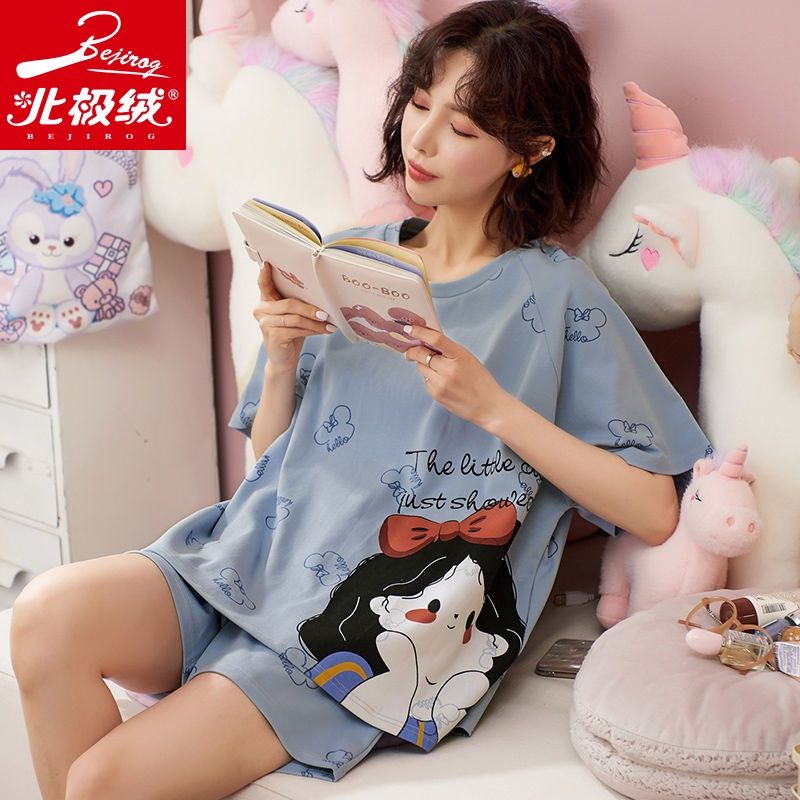 Bộ đồ ngủ vải cotton phối nhung ngắn tay đáng yêu cho nữ 11.10