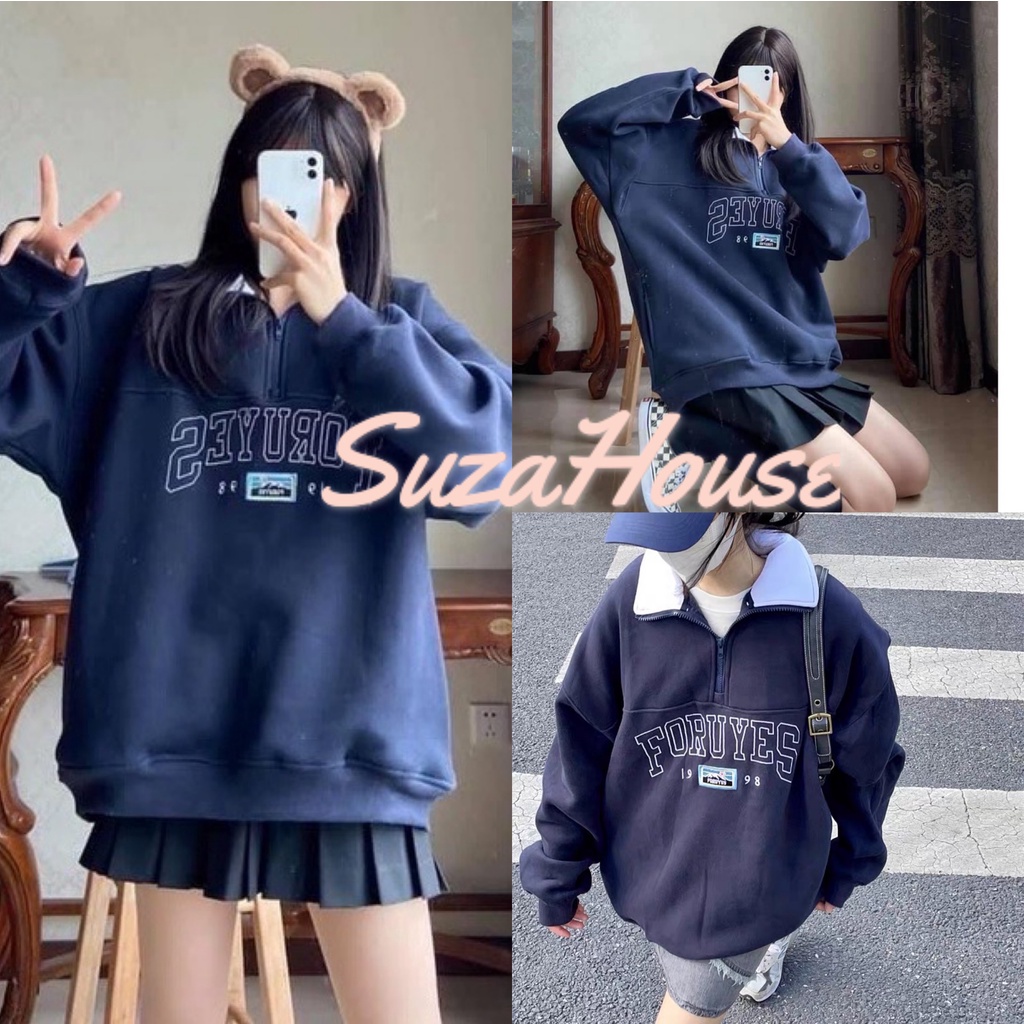 Áo Nỉ Zip Foruyfs SuzaHouse_Store Nữ [FREESHIP] 🌸 Sweater cao cổ dài tay bồng, thun hoodie form rộng cá tính Ulzzang 🌸