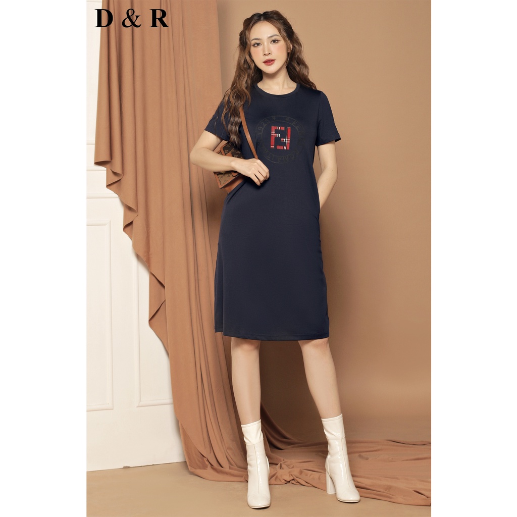 Đầm thun suông bigsize họa tiết thêu FF Quảng Châu cao cấp váy đi chơi dạo phố thương hiệu thời trang D&R D150