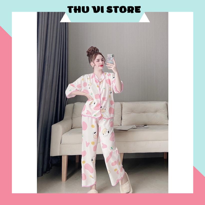 Bộ Ngủ MặC Nhà, Đồ Pijama Ngắn Tay Quần Dài Lượn Sóng Họa Tiết Bò Sữa Chất Lụa Mango Mềm Mịn, Form Dáng Rộng Rãi T | BigBuy360 - bigbuy360.vn