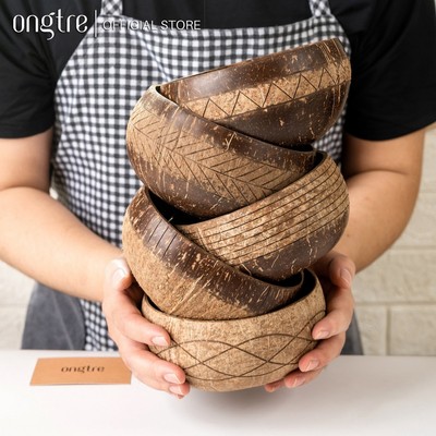 Bát Gáo Dừa ONGTRE Chạm Khắc Hoa Văn - Bát Salad, Tô Dừa Đựng Hoa Quả, Ăn Healthy, Decor, Coconut Bowl