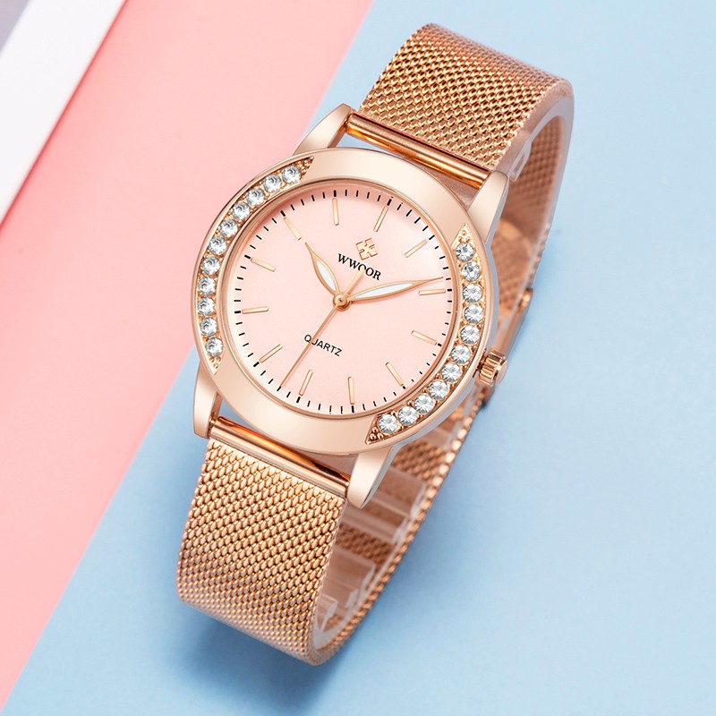 Đồng hồ WWOOR 8877 thạch anh dây thép không gỉ màu vàng hồng chống nước cho nữ