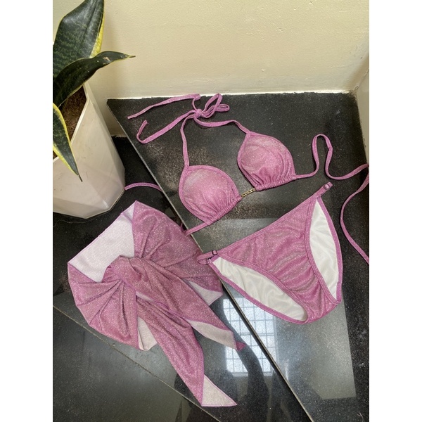 Set bikini tam giác nhũ xích kèm khăn màu tím bling lấp lánh đi biển cực xinh