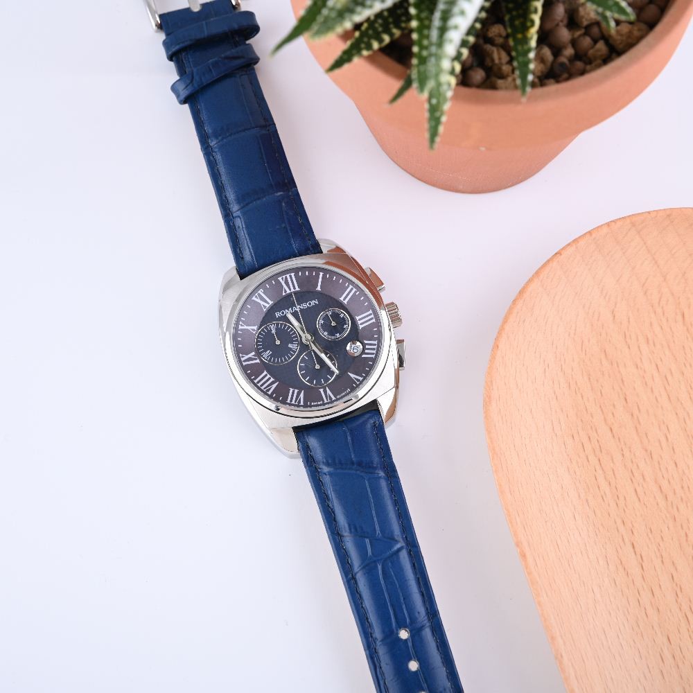 Đồng hồ Romanson Sport Men Watch TL1262HMWBLUE thể thao nam mặt kính chống xước, máy Thụy Sĩ dây da chính hãng