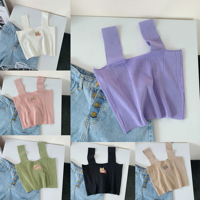 Áo Hai Dây Dệt Kim Thêu Hình Mèo Xinh Xắn Dành Cho Nữ