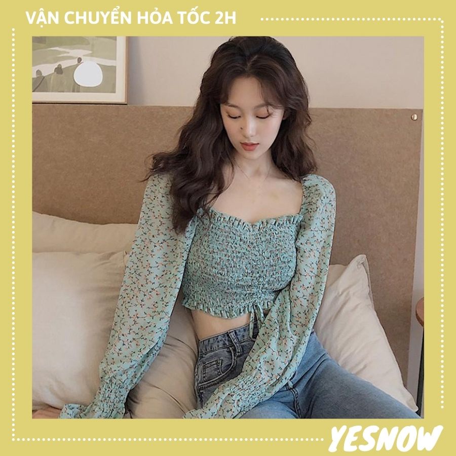 Áo crotop nữ tay bồng - Áo tiểu thư hoa nhí cổ vuông dây rút phong cách ngọt ngào gợi cảm - Áo bánh bèo nữ nhiều màu