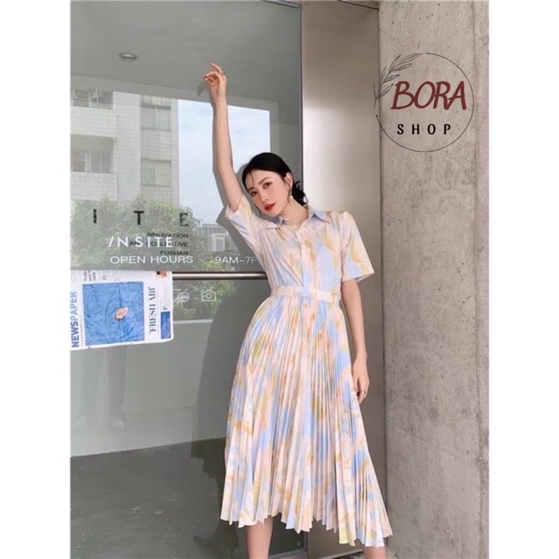 Set áo sơ mi mix chân váy xoè Hàn quốc BORA họa tiết thanh lịch order