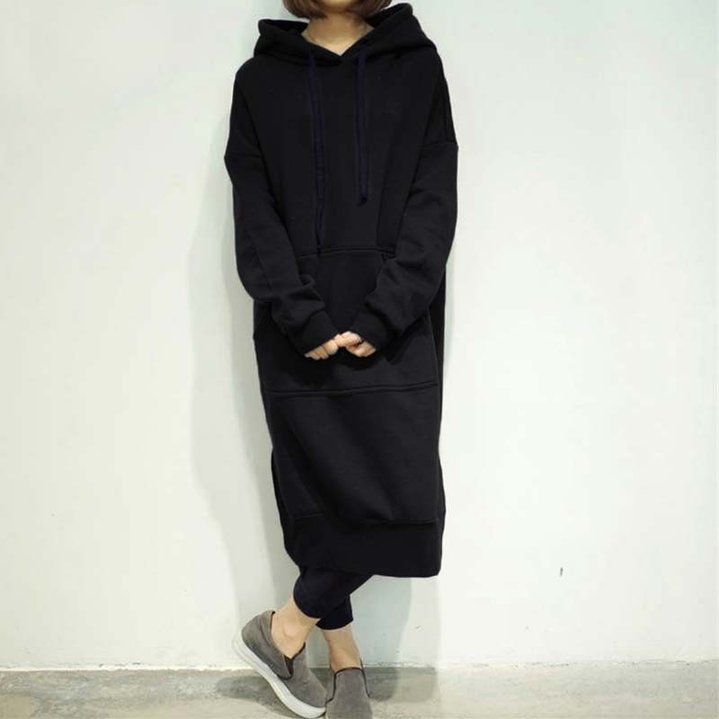 Đầm Hoodie Dài Tay Xẻ Tà Thời Trang Hàn Quốc