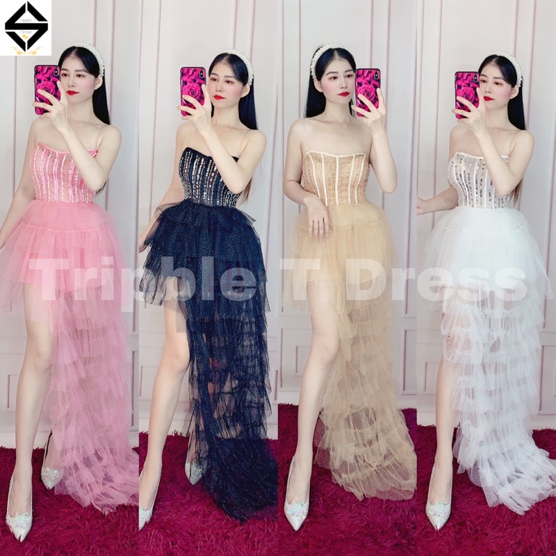 Đầm jum xoè xếp tầng đi tiệc cúp lưới nhũ lấp lánh kết đá sang trọng TRIPBLE T DRESS - size M/L -MS366V