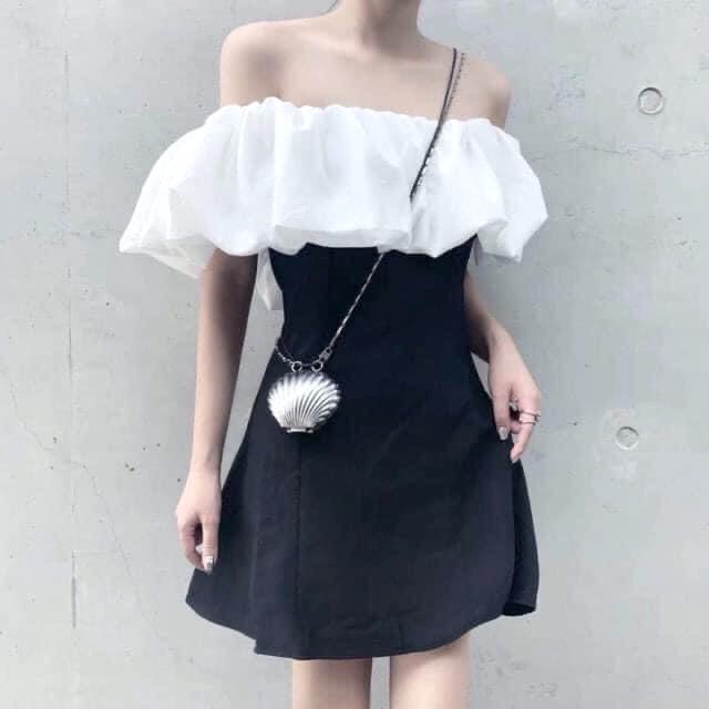 Váy Nữ Trễ Vai Bèo Trắng GenY Đầm Nữ Bẹt Vai Đen Phối Trắng Dáng Xoè Siêu Xinh Có Ảnh Thật Kèm Video | BigBuy360 - bigbuy360.vn