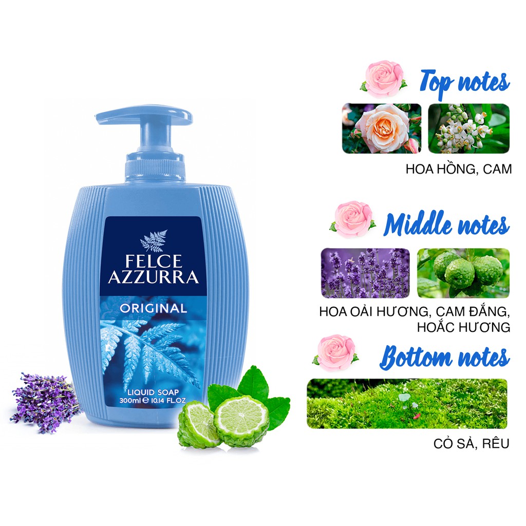Sữa rửa tay hương nước hoa Ý Felce Azzurra 300ml, hương thơm cổ điển, xạ hương trắng, dầu argan, bạc hà