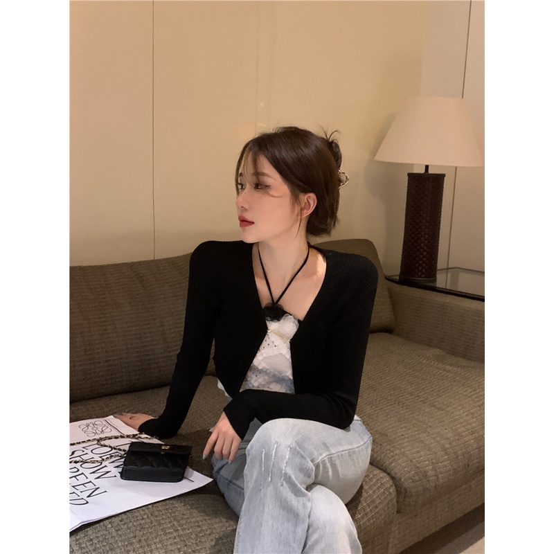 Bộ Áo Khoác cardigan Hai Dây Dệt Kim + Áo Khoác cardigan Màu Đen Phong Cách Hàn Quốc Thời Trang Cho Nữ
