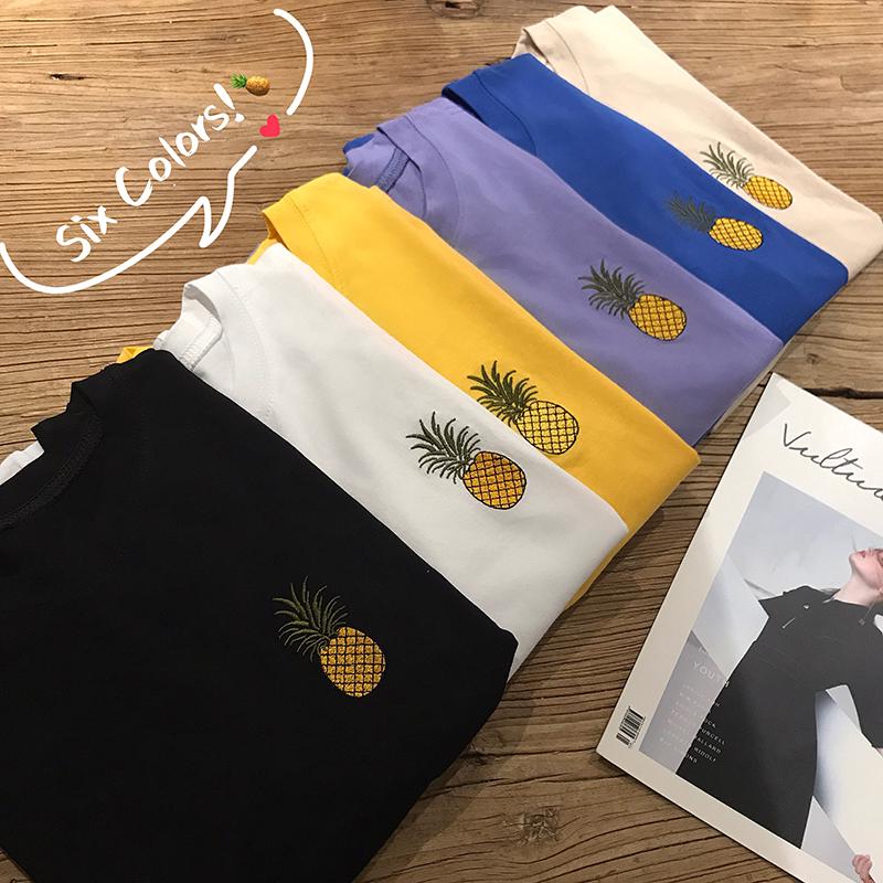 SUXI Áo thun nữ ngắn tay thêu hình quả dứa phong cách Hàn Quốc năng động