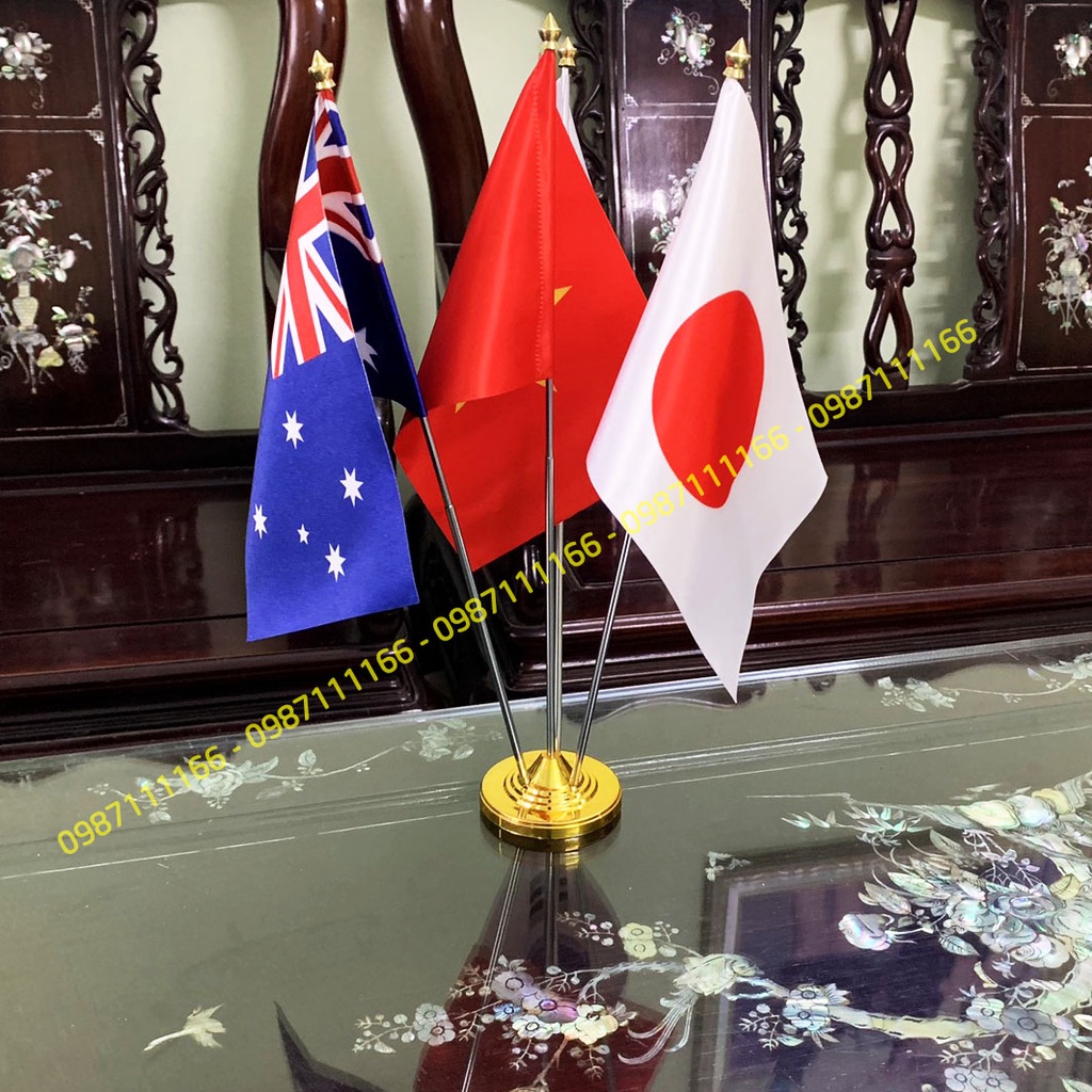 Cờ Để Bàn Trang Trí Đế Inox Loại cắm 4 cờ Việt Nam - Úc - Nhật - Hàn Quốc