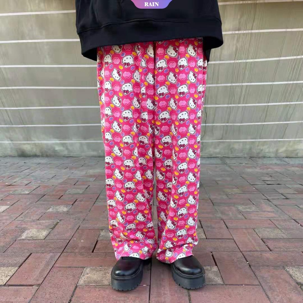 Quần Ống Rộng Lưng Cao Họa Tiết Hoạt Hình Sanrio Hello Kitty Dễ Thương Dành Cho Nữ [RAIN]