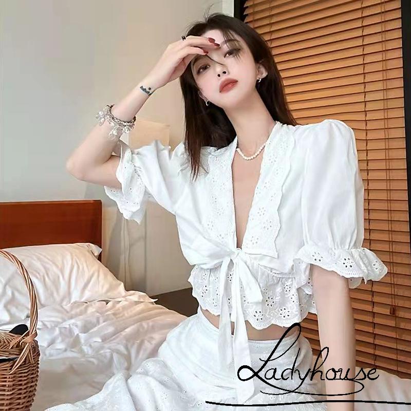 Áo Croptop Cổ Chữ V Tay Phồng Màu Trơn Thời Trang Mùa Hè Dành Cho Nữ