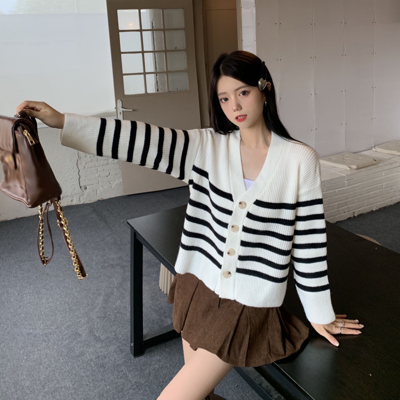 Áo khoác cardigan dệt kim cổ V tay dài dáng rộng kẻ sọc kiểu retro thời trang mùa thu cho nữ