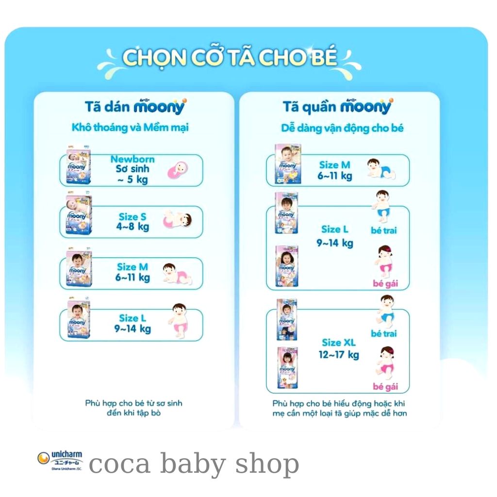 Tã/Bỉm quần/dán moony xanh cộng / tiêu chuẩn miếng size NB96/S90/M68/L50/XL44 nội địa Nhật đủ zise