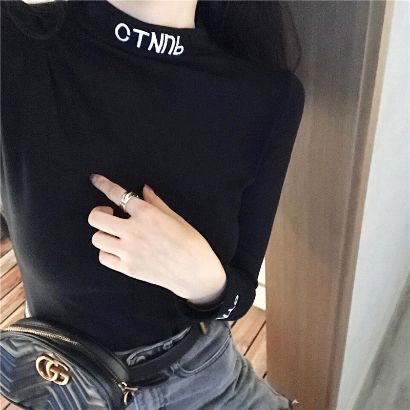 Áo thun nữ cổ lọ tay dài màu trơn đơn giản thời trang Hàn Quốc