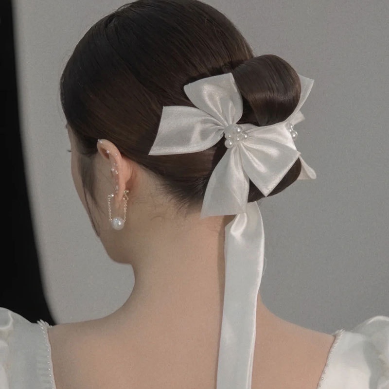 Kẹp Tóc Nơ Satin Phong Cách Tối Giản Cho Cô Dâu