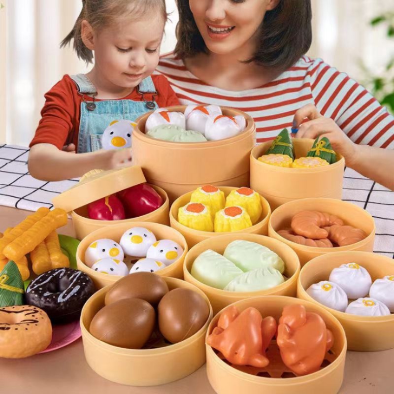 Bộ đồ chơi nấu ăn cho bé 56 chi tiết AIQ bằng nhựa, set bánh bao DIMSUM mini nhiều món ăn hấp dẫn