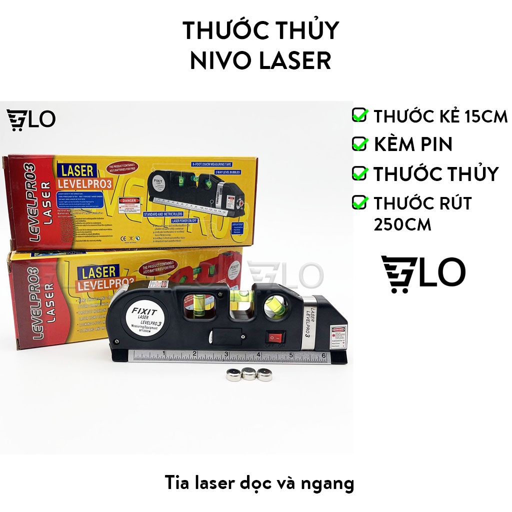 Thước Thủy Nivo Cân Mực Laser Đa Năng F2018 Fixit Laser Levelpro3 2 Tia Dọc Ngang + Tặng Kèm 3 Viên Pin