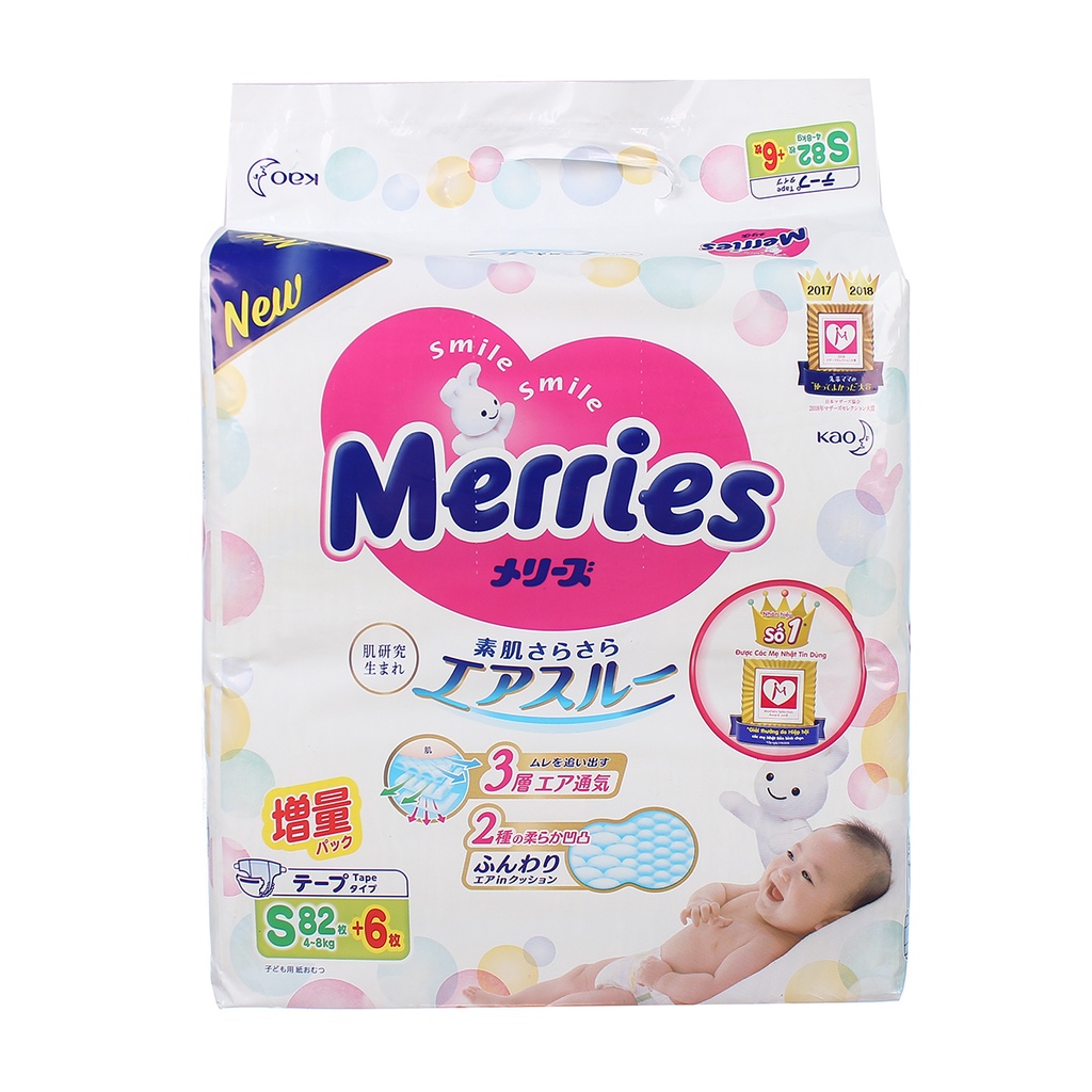 Bỉm Dán Cộng Miếng Merries Size S 82 +6 Miếng Cho Bé 4 - 8kg