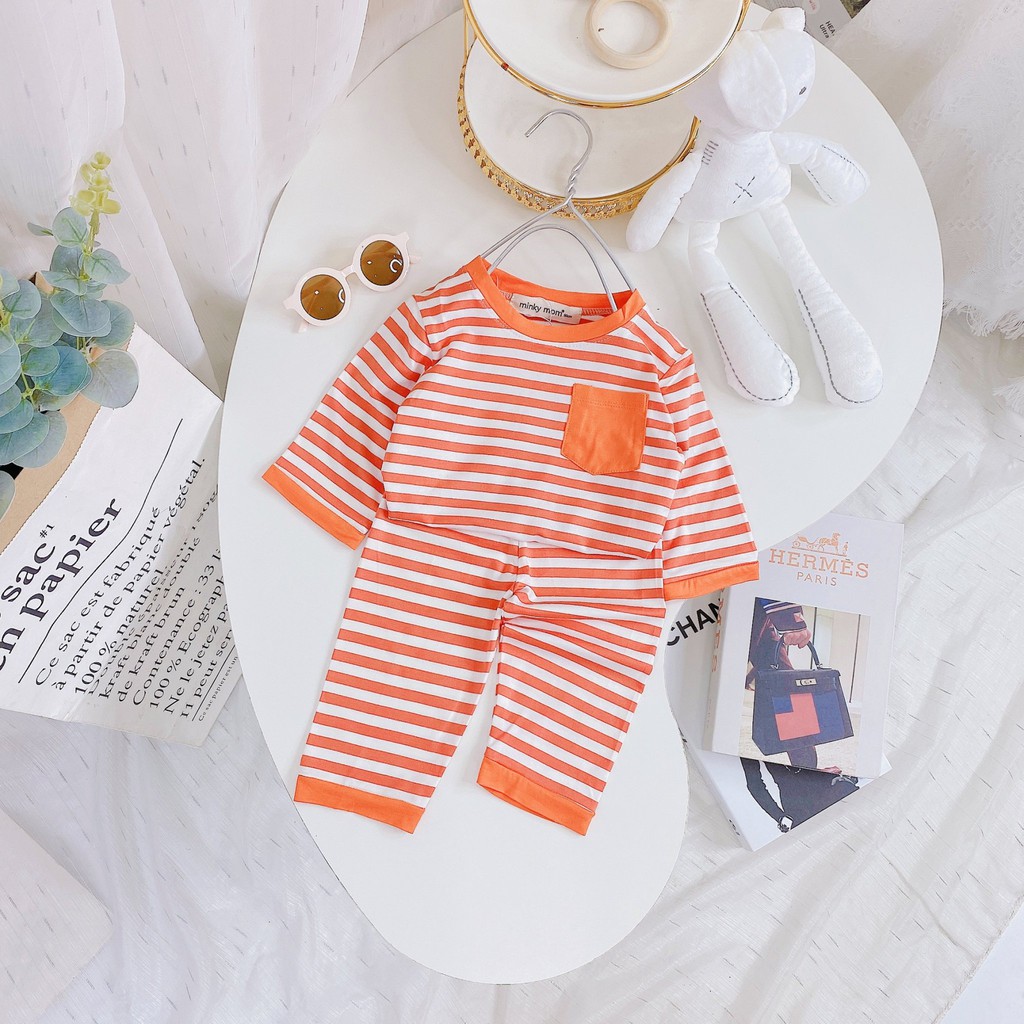 [SALE] Bộ Dài Tay Cho Bé Trai, Bé Gái Minky Mom Vải Thun Lạnh Hoạ Tiết Sọc Ngang Túi Ngực,Đồ Bộ Cho Bé Mặc Nhà MKMTD2135