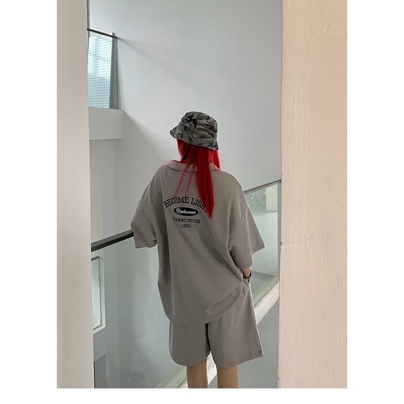 Bộ Thun Polo Chữ Thêu 1991 Unisex [FREESHIP]  Set áo form rộng tay lỡ kèm quần short đùi 3158 màu xám kiểu hàn quốc