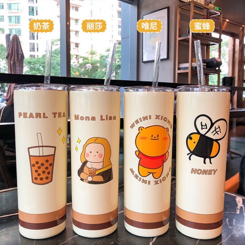 LY GIỮ NHIỆT CHÚ ONG HONEY, GẤU XIONG, CÔ GÁI MONA LISA , TRÀ SỮA PEARL TEA INOX 304