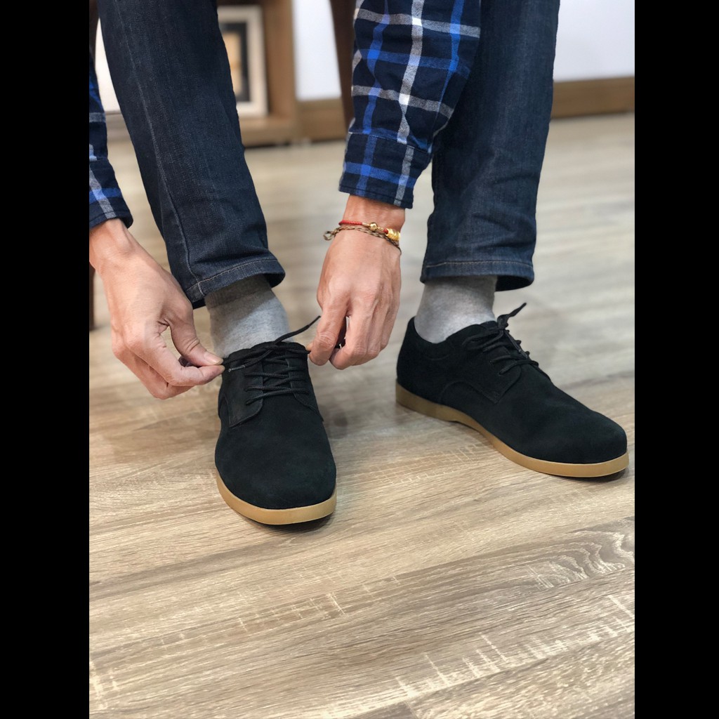 [Free Ship] Giày  boots nam cổ thấp đế bằng buộc dây da bò lộn nguyên tấm Raw Suece Leather màu đen đậm 1929 Sr7