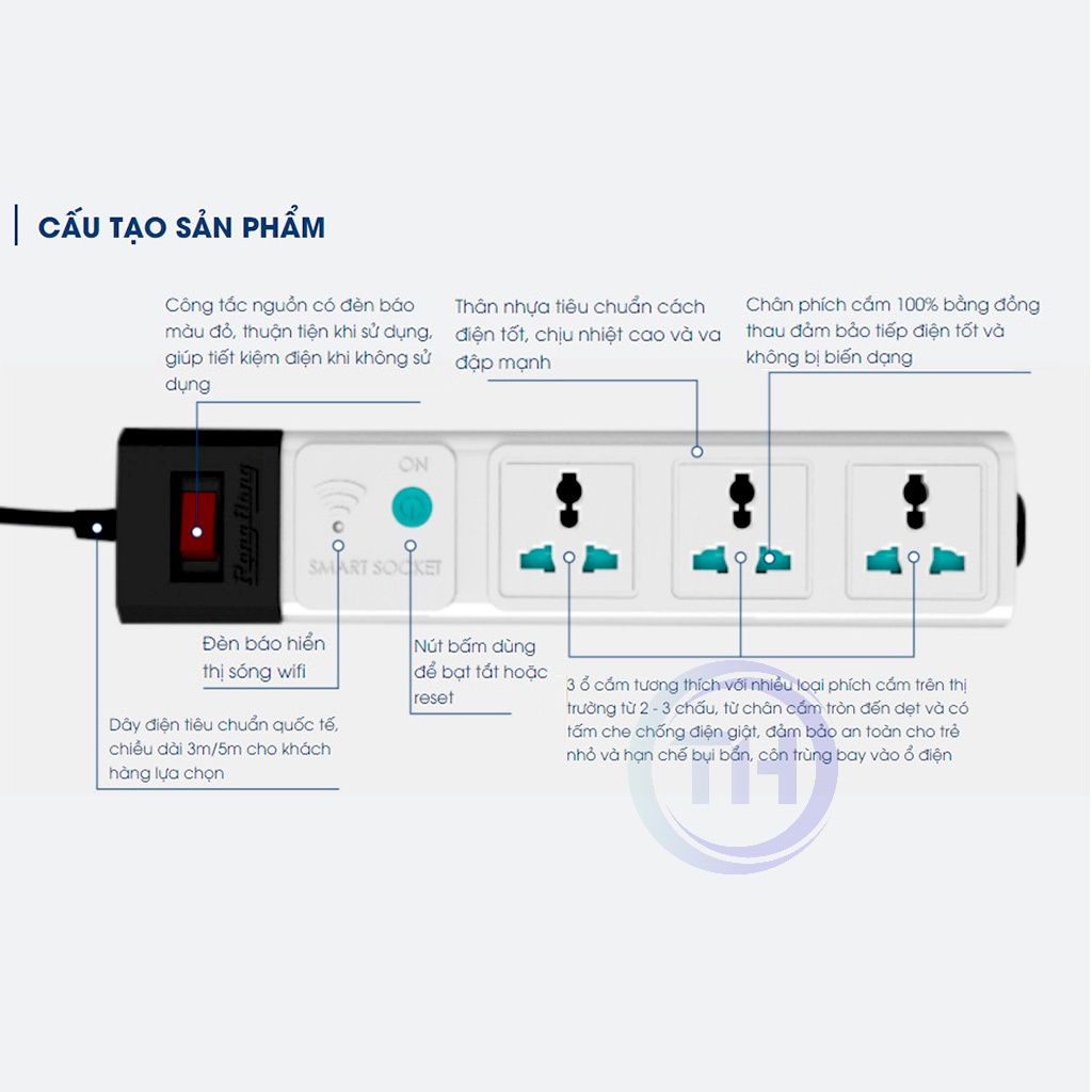 Ổ Cắm Điện Đa Năng Rạng Đông OC02.WF 3C/3M/10A , Ổ Cắm Điện Thông Minh Wifi OC02.WF 3C/5M/10A - Bảo Hành 12 Tháng