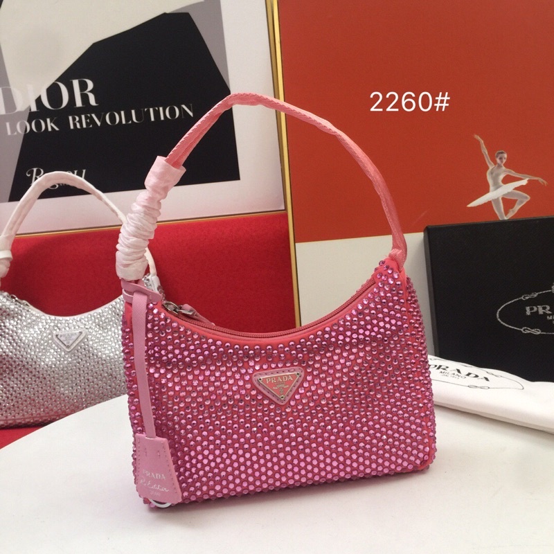 Túi xách/đeo nữ vai logo thương hiệu Prada Hobo 2021 cao cấp mẫu mới hoạ tiết đính hạt lấp lánh