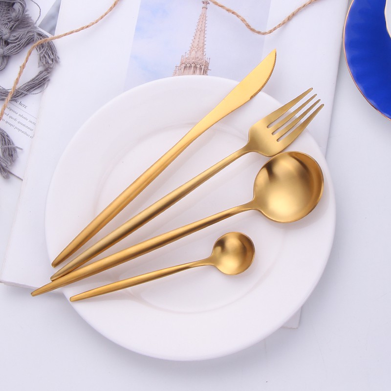 Ready Stock High Quality Forged Flatware Smooth Hotel Household Reusable  Dinnerservice Portugal Style Tableware 304 Stainless Steel  Aristocratic Temperament Gold Cutlery Spoon Fork And Knife Western Cutlery Easy To Clean