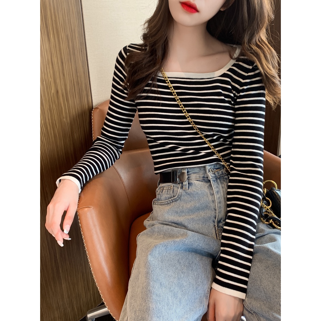 Áo thun SUXI dành cho nữ tay dài cổ vuông họa tiết sọc ngang thời trang