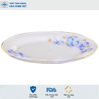Đĩa xoài viền vàng 22K họa tiết hoa màu xanh Thủy Tinh Ngọc USA Homeset cao cấp nhập khẩu chính hãng